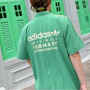 Adidas Originals Green Striped Germany Graphic Short Sleeve Button Down Shirt